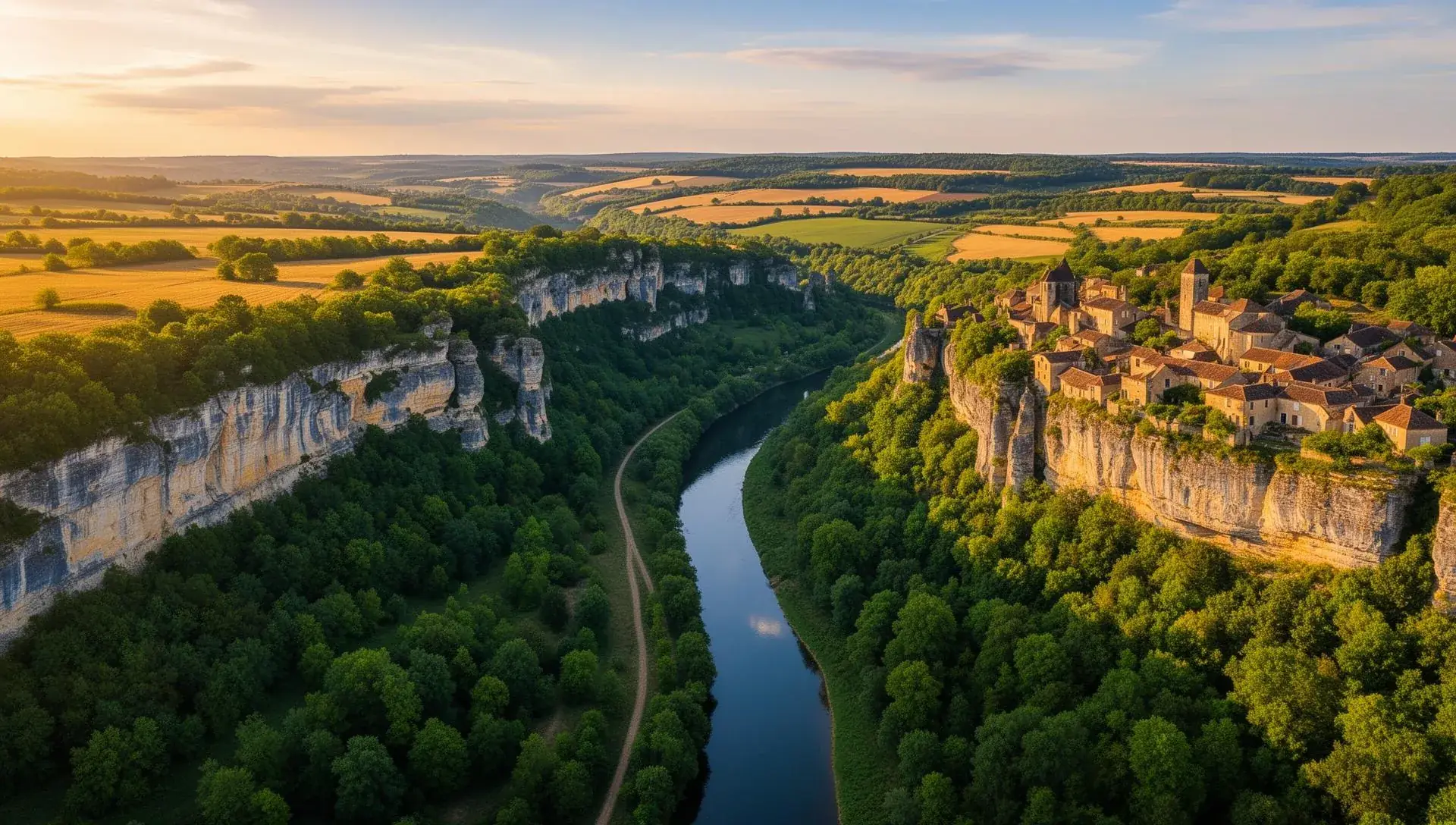 Méandre de la Dordogne entre falaises et villages perchés